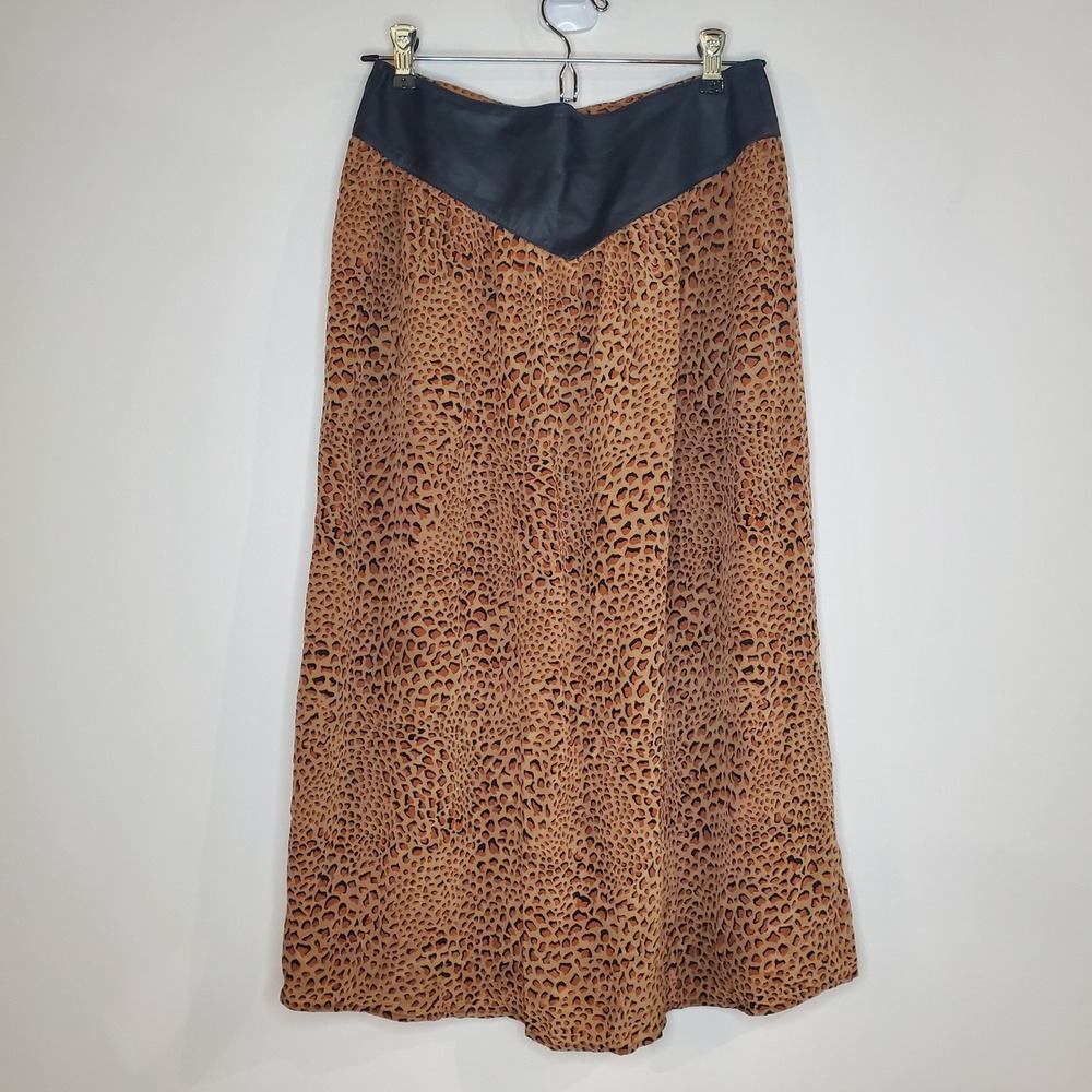 Bellino Paris Moda Leopard Print Maxi Skirt Black Leather Trim Button Front Sz 8 - Picture 5 of 7